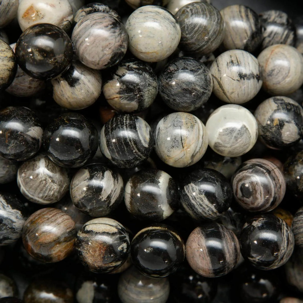 Black Silver Leaf Jasper Beads Smooth Finish Round Beads