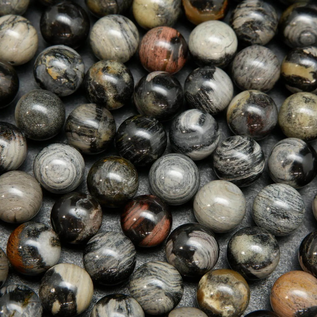 Black silver leaf jasper smooth polished round beads.