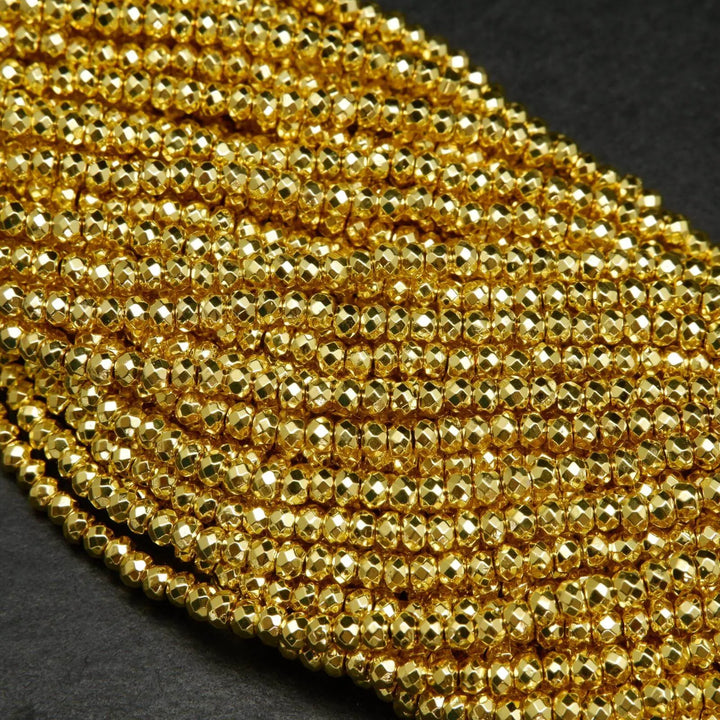 Faceted rondelle hematite beads.