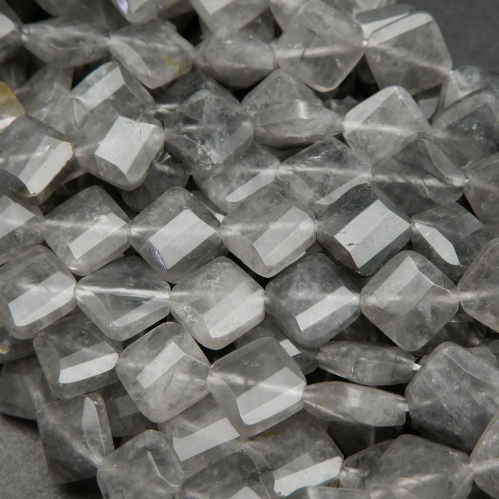 Grey diamond shape cloudy quartz beads.