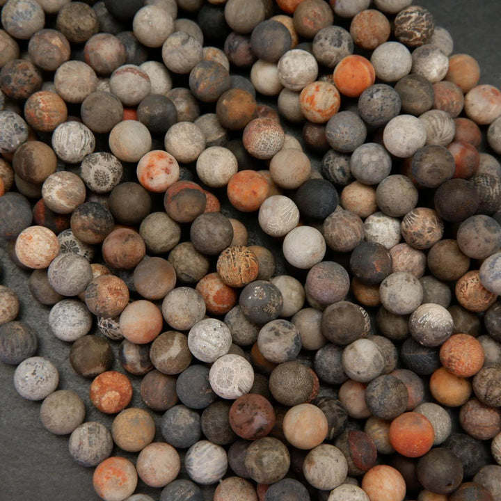multicolor fossil coral beads with flowerlike patterns.