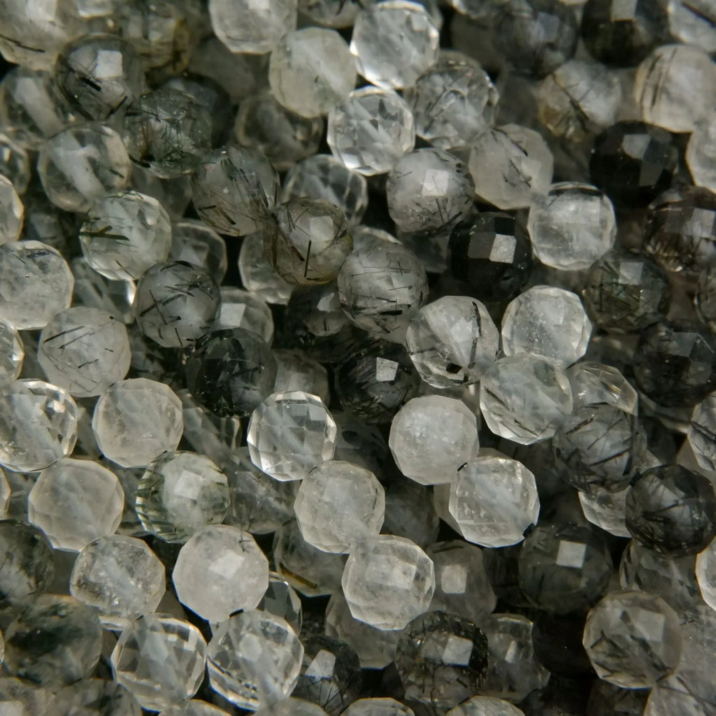 Tourmalated Quartz · Microfaceted · Round · 2.5mm, 3.8mm, 4mm, Bead, Tejas Beads
