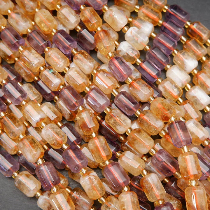 Yellow and purple citrine and ametrine beads.