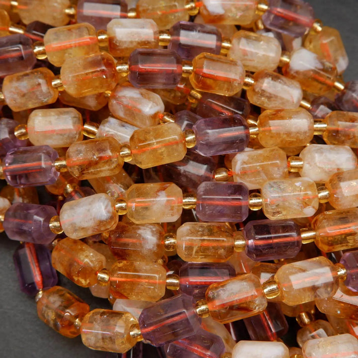 Yellow and purple citrine and ametrine beads.
