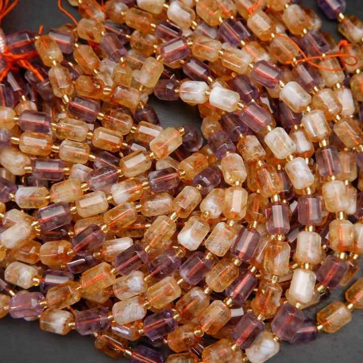 Yellow and purple citrine and ametrine beads.