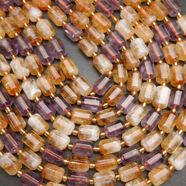 Yellow and purple citrine and ametrine beads.