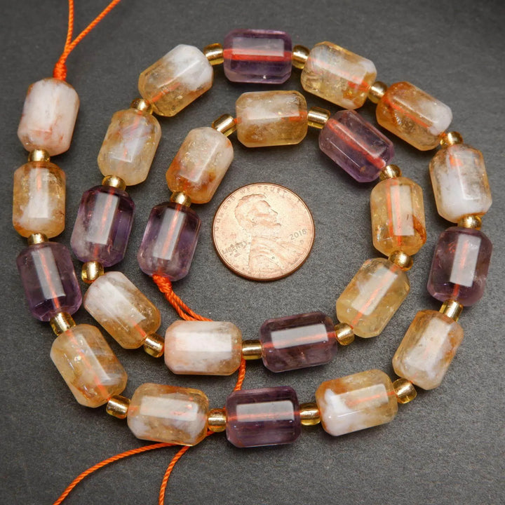 Yellow and purple citrine and ametrine beads.