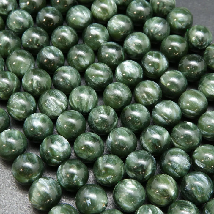 Polished Seraphinite Beads For Jewelry Making. Natural Smooth Round Seraphinite Beads.
