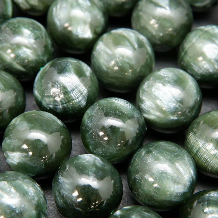 Polished Seraphinite Beads For Jewelry Making. Natural Smooth Round Seraphinite Beads.