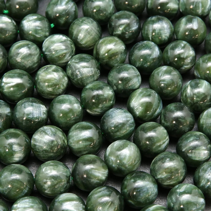 Polished Seraphinite Beads For Jewelry Making. Natural Smooth Round Seraphinite Beads.