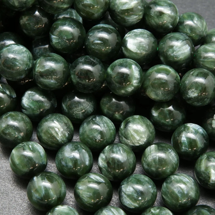 Polished Seraphinite Beads For Jewelry Making. Natural Smooth Round Seraphinite Beads.
