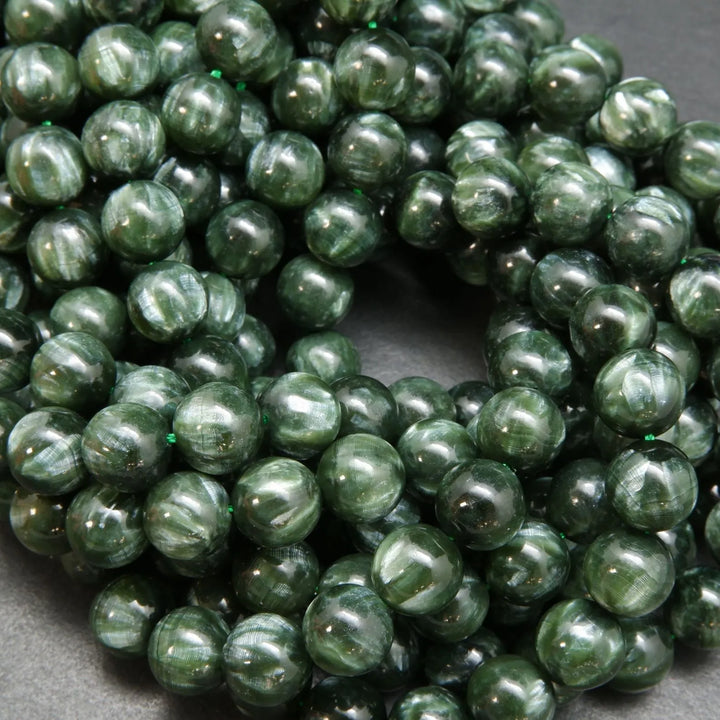 Polished Seraphinite Beads For Jewelry Making. Natural Smooth Round Seraphinite Beads.