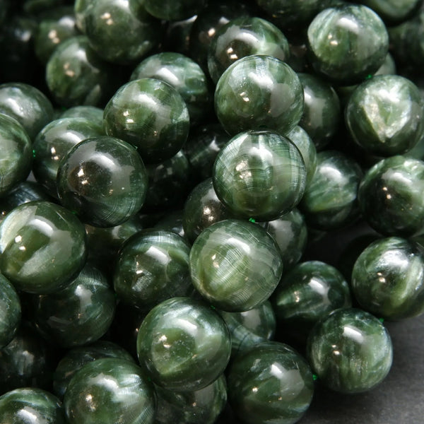 Polished Seraphinite Beads For Jewelry Making. Natural Smooth Round Seraphinite Beads.