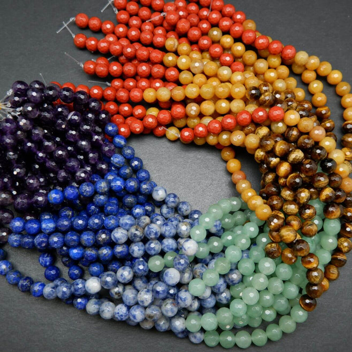 Faceted Seven Chakra Beads Containing Amethyst, Lapis Lazuli, Sodalite, Green Aventurine, Tiger's Eye, Yellow Jade, and Red Jasper.