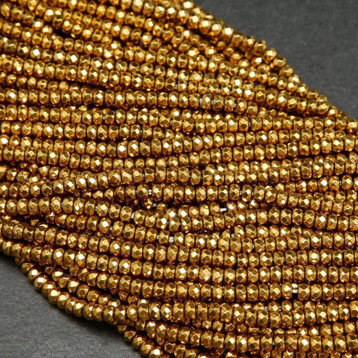 Faceted rondelle hematite beads.