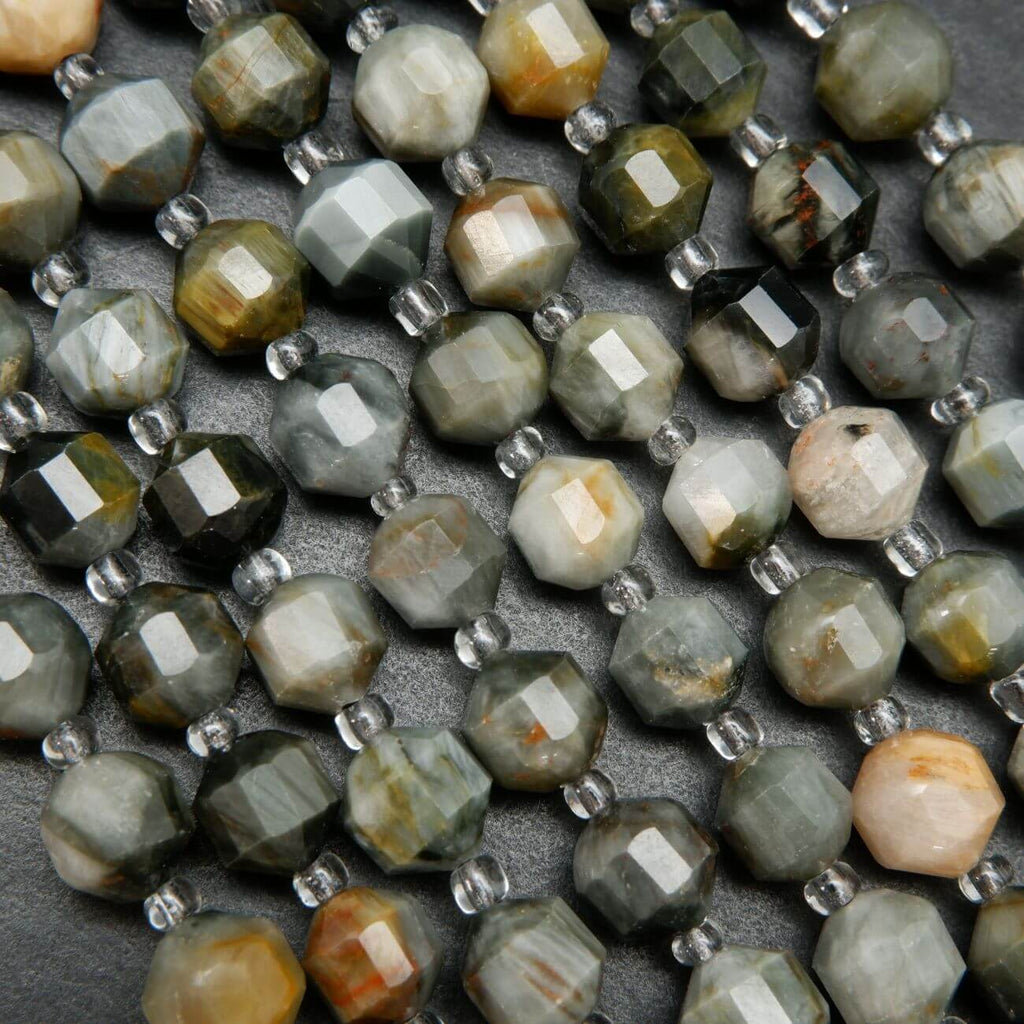 Faceted Prism Shape Eagles Eye Beads. Rusty grey colored beads for jewelry making. 
