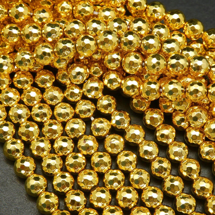 Faceted bright gold hematite beads.