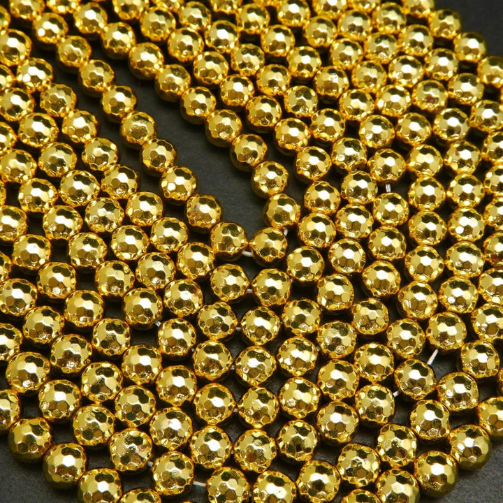 Faceted bright gold hematite beads.