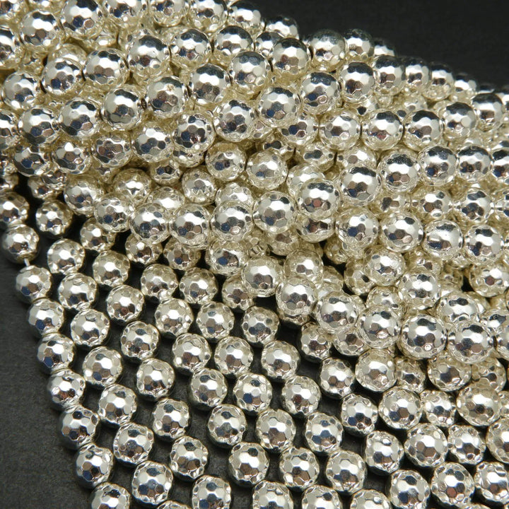 Bright silver faceted hematite beads.