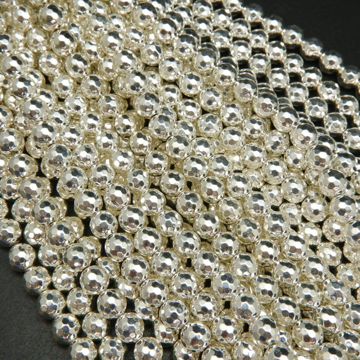 Bright silver faceted hematite beads.