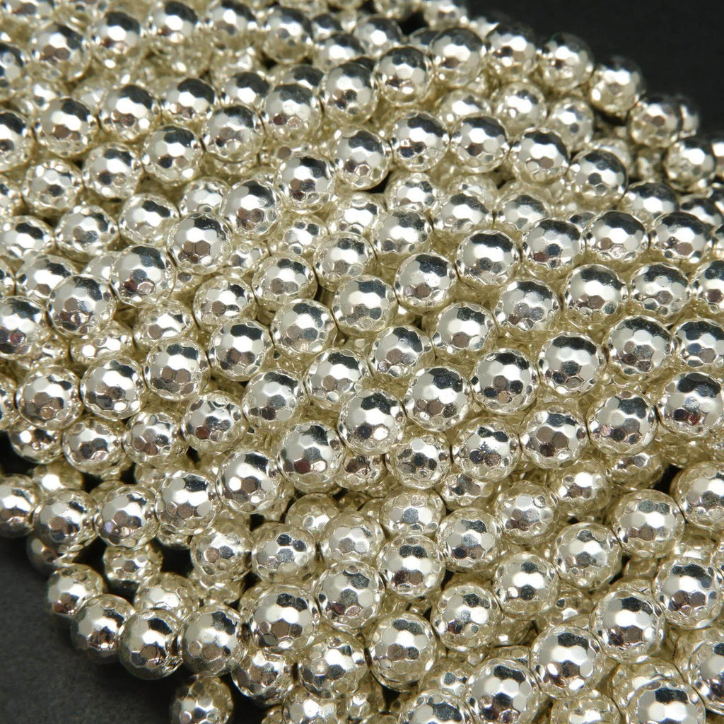 Bright silver faceted hematite beads.