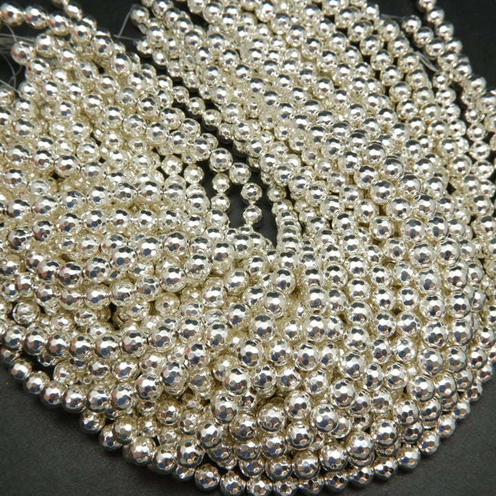 Bright silver faceted hematite beads.