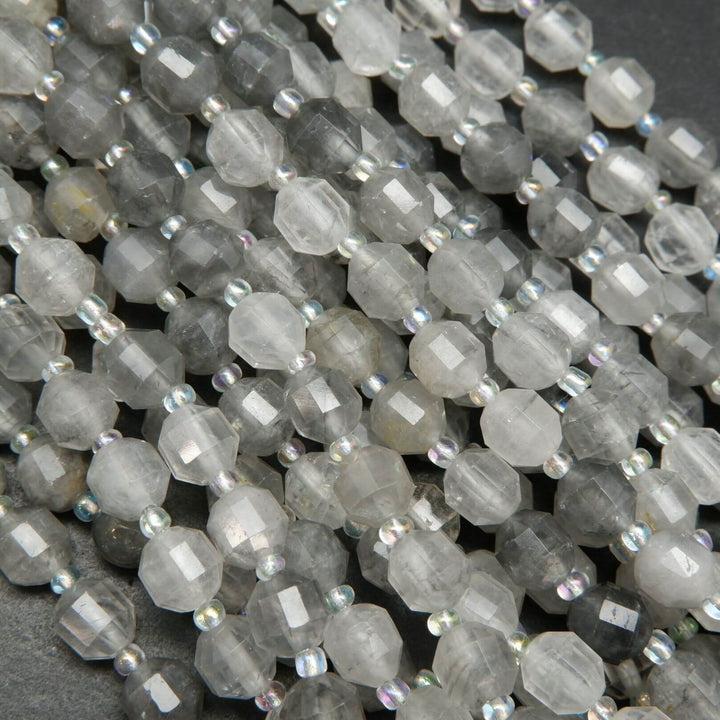 Faceted Prism Shape Grey Cloudy Quartz Beads