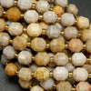 Beige and Tan Color Coral Beads in Faceted Prism Shape. Loose Beads on a string for handmade jewelry making.