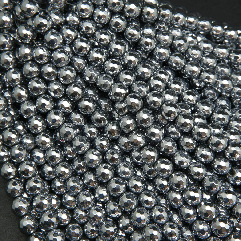 Faceted silver hematite beads.