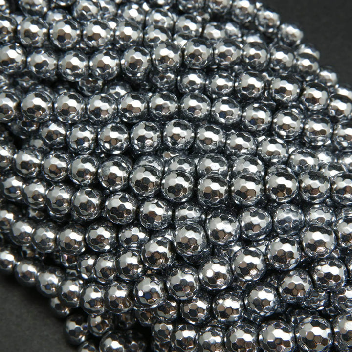 Faceted silver hematite beads.