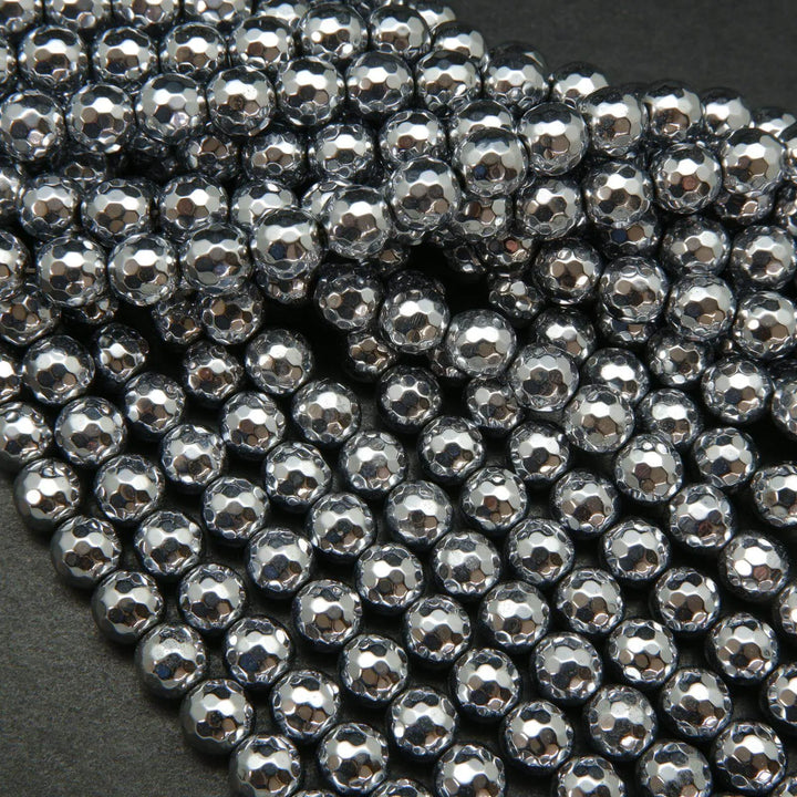 Faceted silver hematite beads.