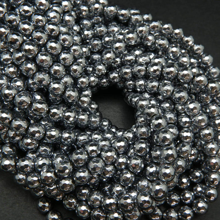 Faceted silver hematite beads.