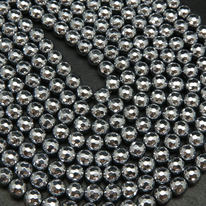 Faceted silver hematite beads.