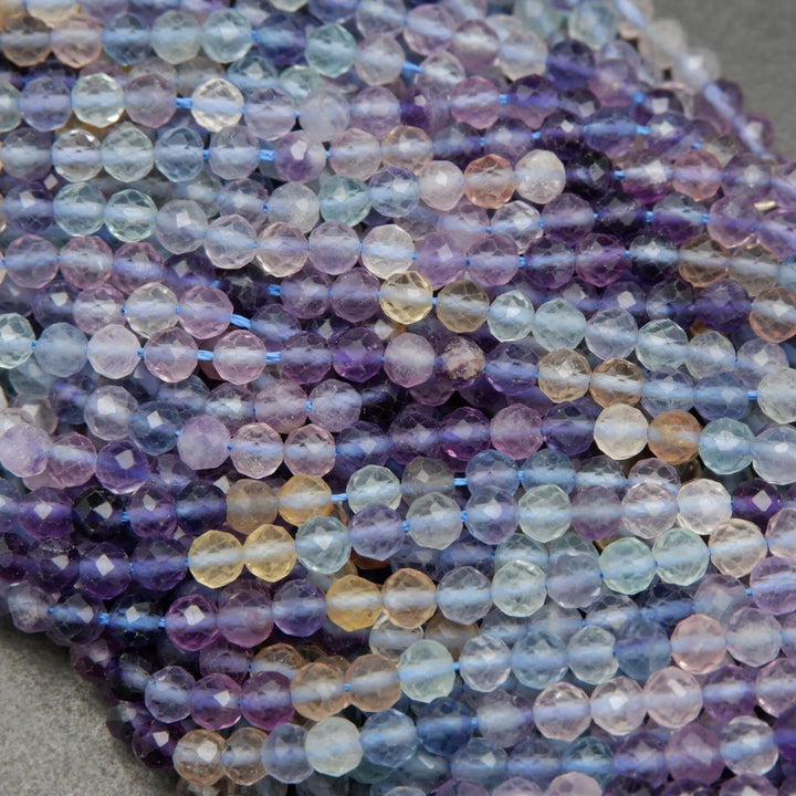 Purple, yellow, green, and blue fluorite beads.