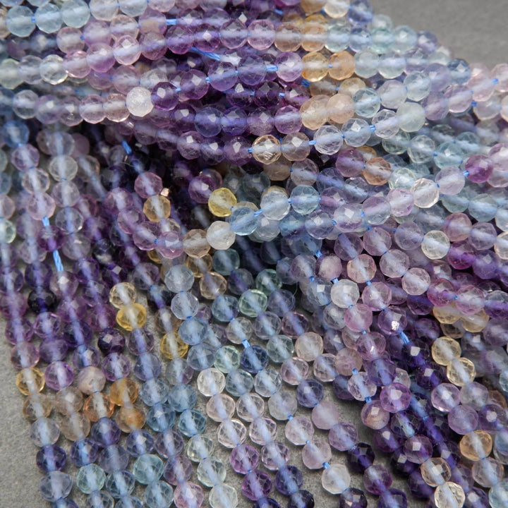 Purple, yellow, green, and blue fluorite beads.