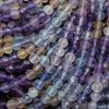 Purple, yellow, green, and blue fluorite beads.