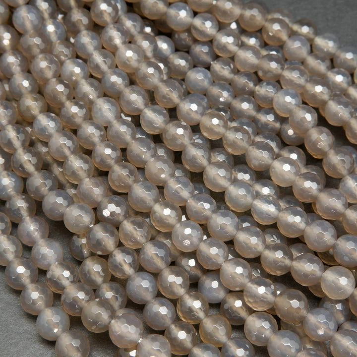 Faceted grey chalcedony beads.
