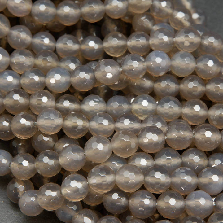 Faceted grey chalcedony beads.