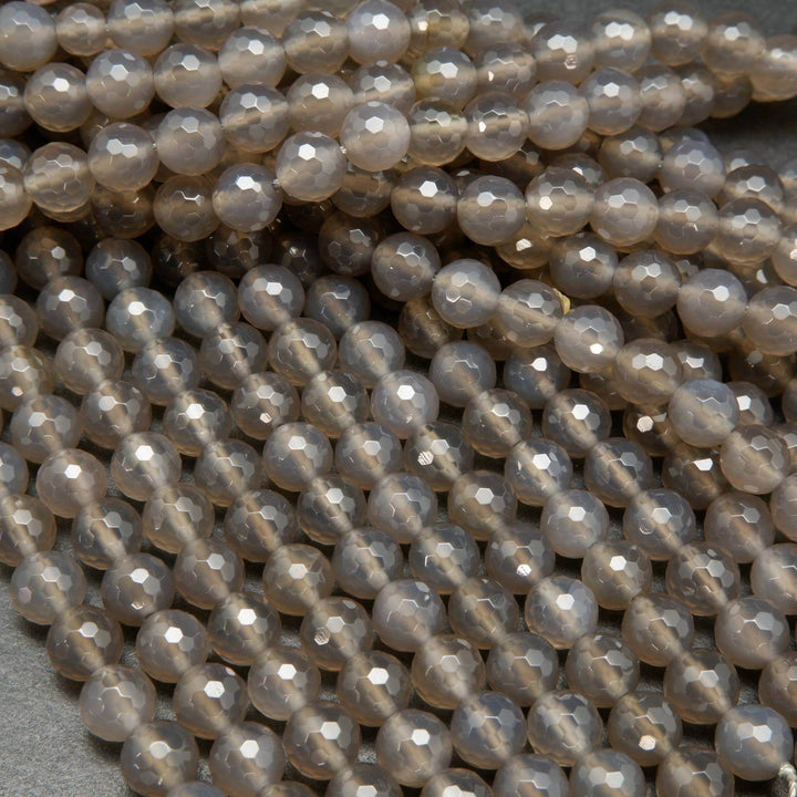 Faceted grey chalcedony beads.