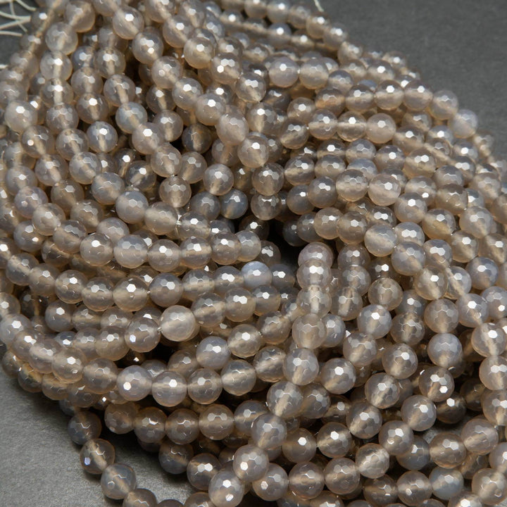 Faceted grey chalcedony beads.