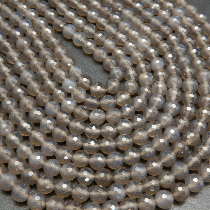Faceted grey chalcedony beads.