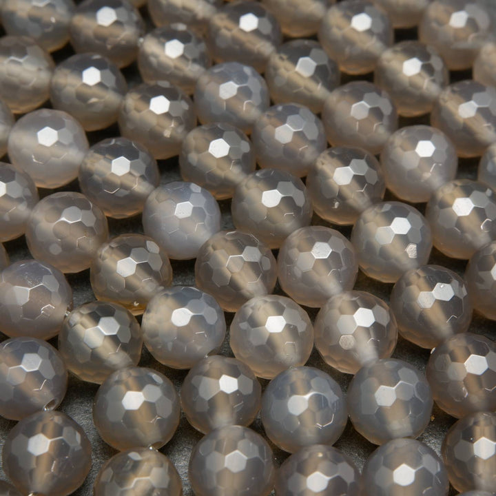 Faceted grey chalcedony beads.
