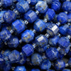Blue lapis lazuli beads with white calcite and gold pyrite flakes. Blue loose gemstone beads for handmade jewelry.