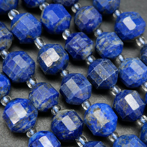 Blue lapis lazuli beads with white calcite and gold pyrite flakes. Blue loose gemstone beads for handmade jewelry.