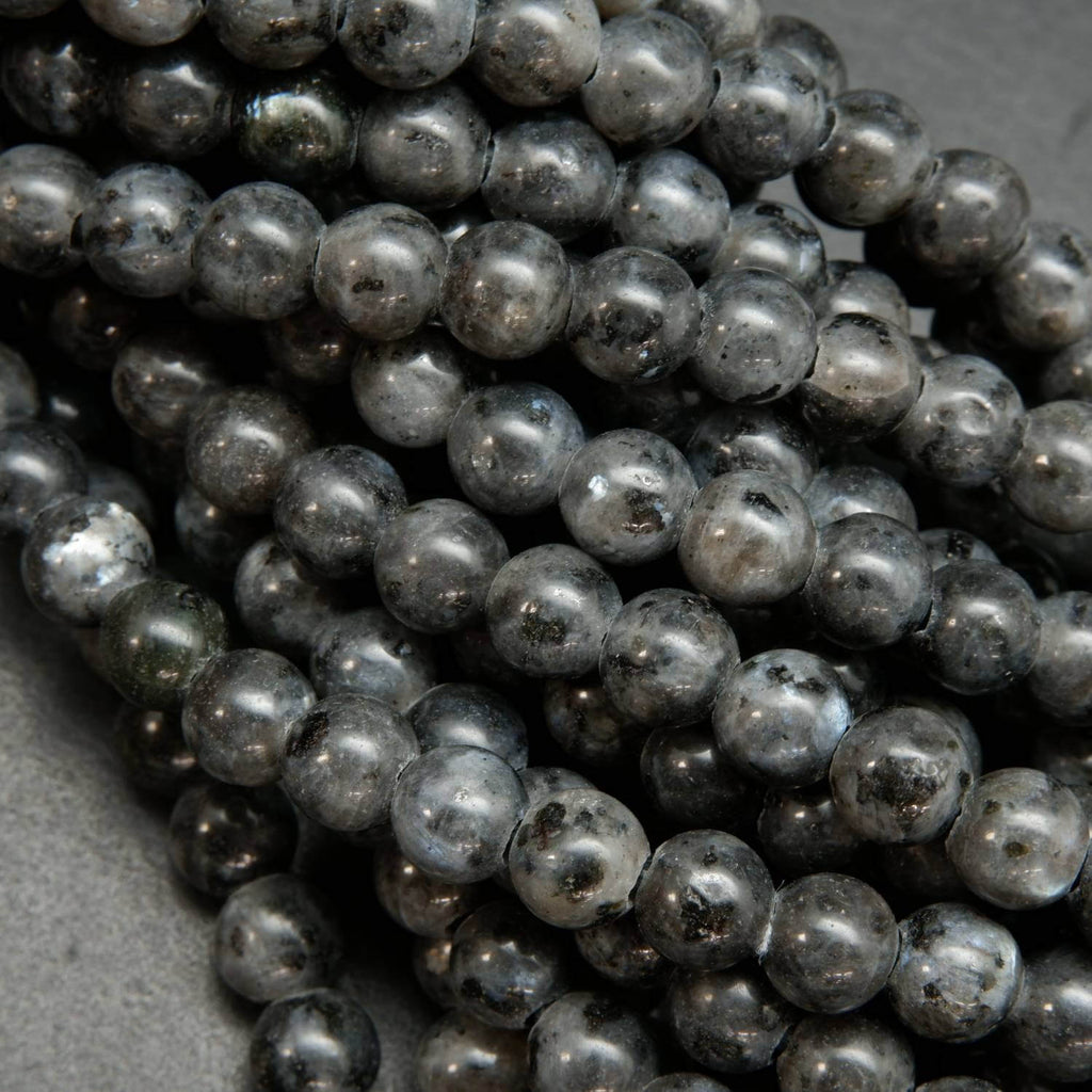 Grey round large hole larvikite beads.  Black Labradorite Beads.
