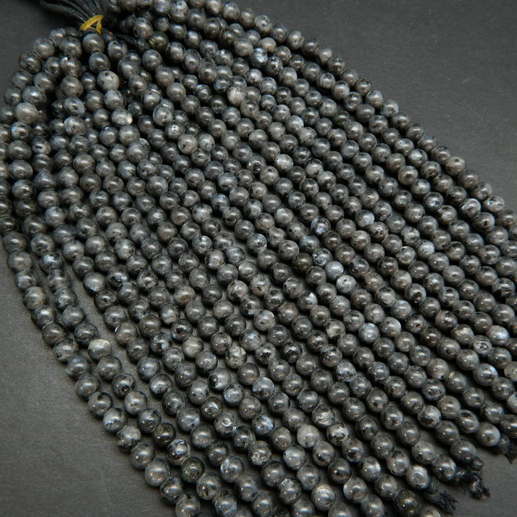 Grey round large hole larvikite beads.  Black Labradorite Beads.