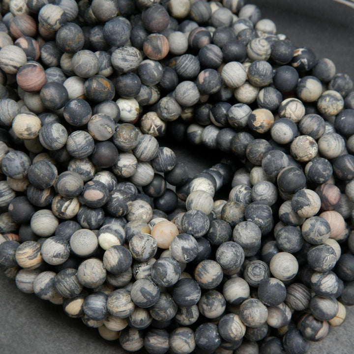 Black Silver Leaf Jasper · Matte · Round · 6mm, 8mm, Bead, Tejas Beads