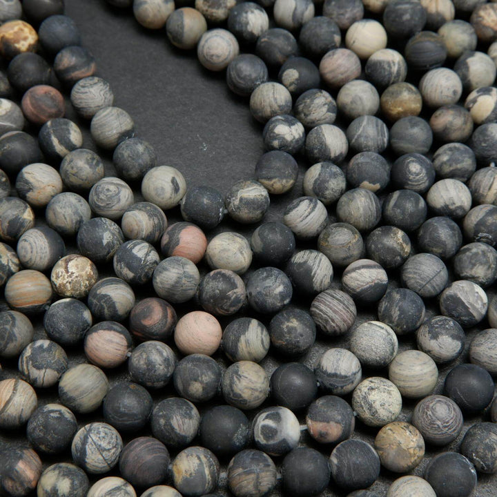 Black Silver Leaf Jasper · Matte · Round · 6mm, 8mm, Bead, Tejas Beads