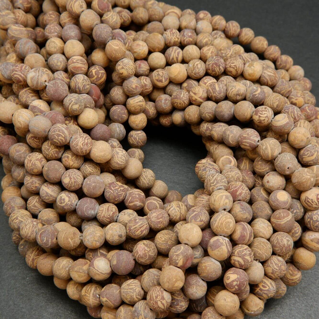 Matte Calligraphy Jasper Beads With Beige and Brown Swirling Patterns. Jasper Beads For Jewelry Making.
