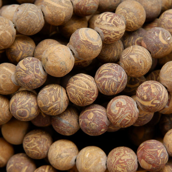 Matte Calligraphy Jasper Beads With Beige and Brown Swirling Patterns. Jasper Beads For Jewelry Making.